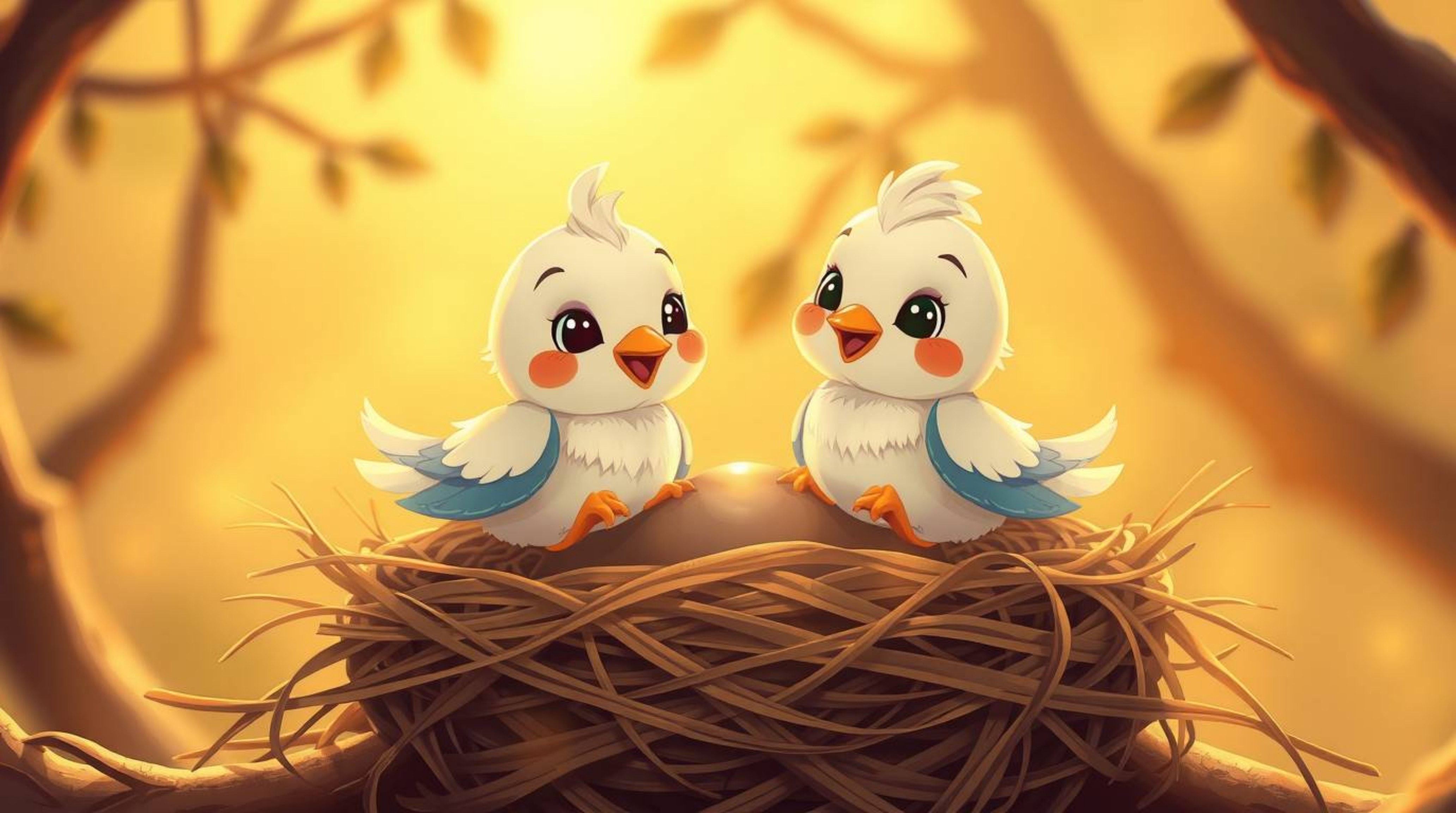 A charming illustration showcasing two cartoon birds diligently building their nest in a classic animation style. The scene i