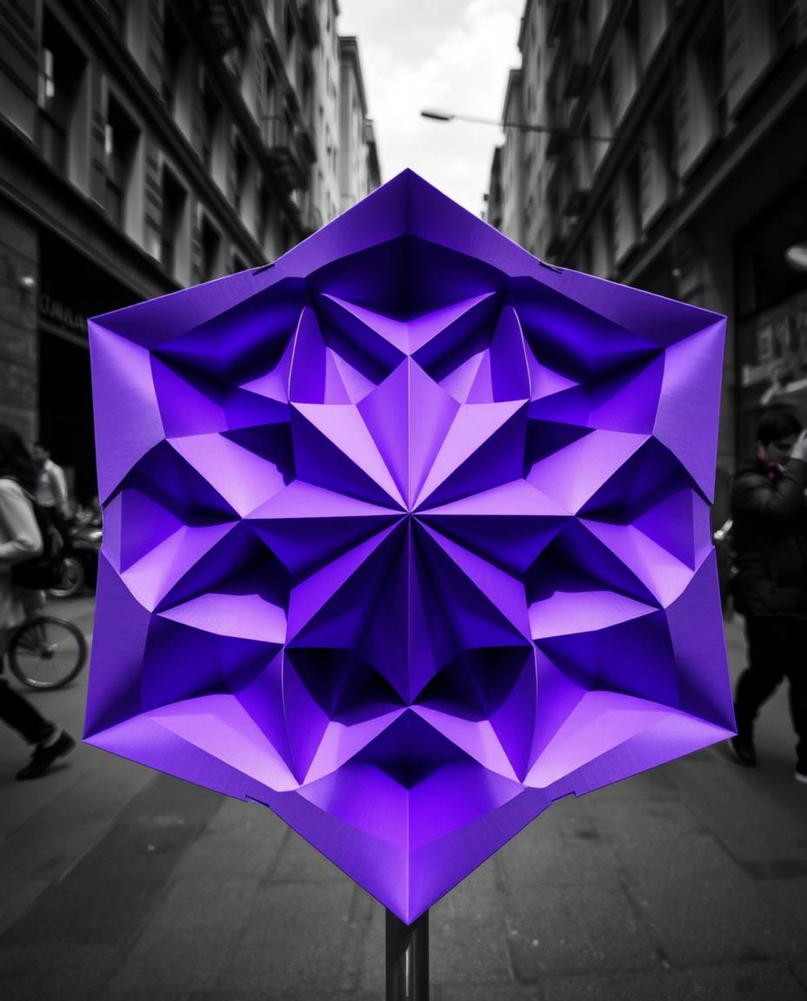 A captivating street photograph presents a striking 3D geometric pattern reminiscent of folded paper, rendered in deep ultrav