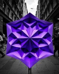 A captivating street photograph presents a striking 3D geometric pattern reminiscent of folded paper, rendered in deep ultrav