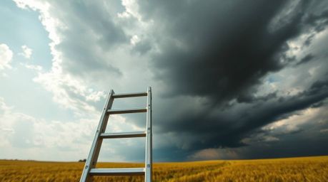 This image evokes a dramatic cinematic style with a silver ladder standing in an open field beneath a cloudy sky, representin