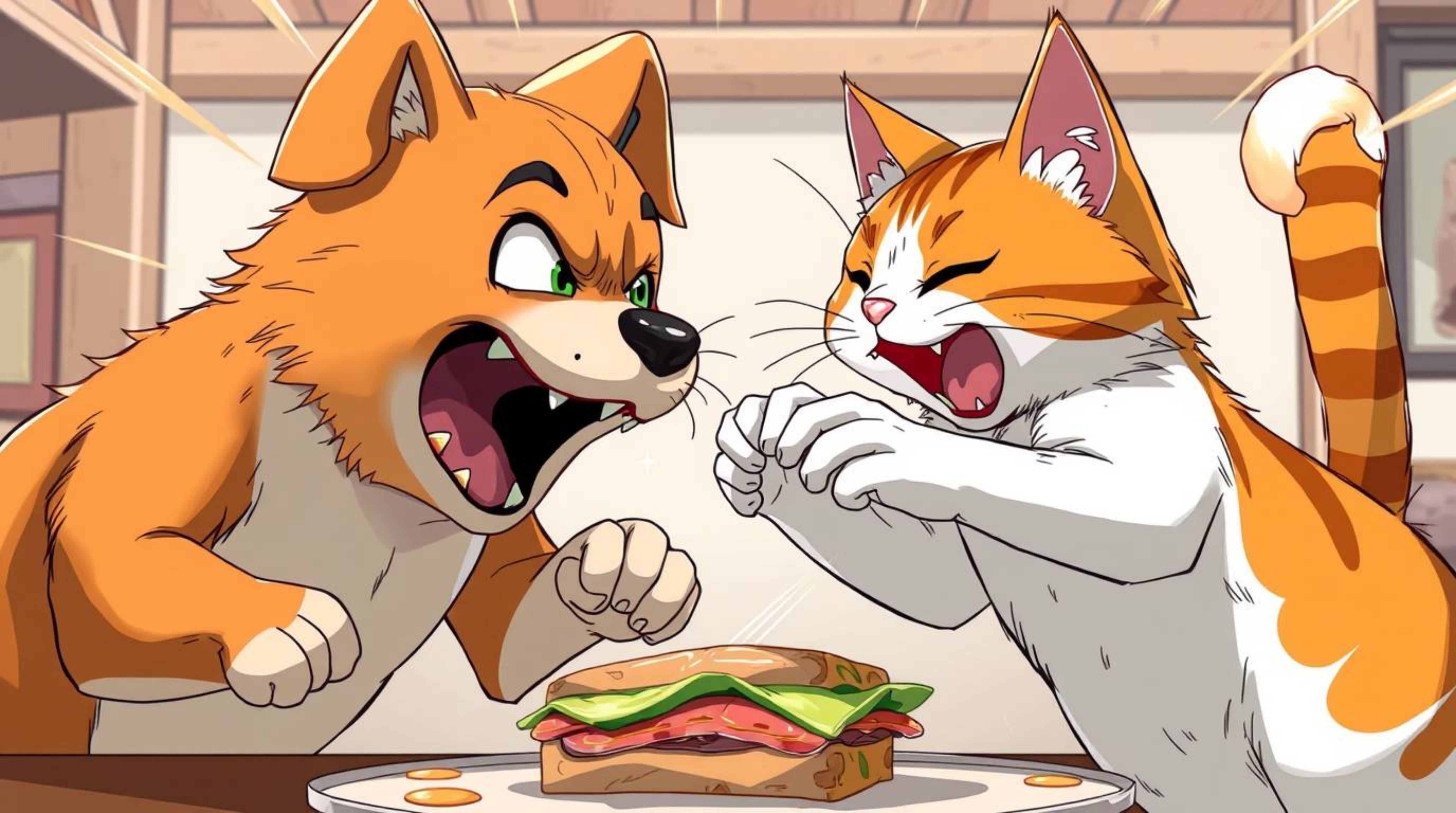 An isekai anime-style illustration depicts a dynamic and expressive fight between a dog and a cat over a massive sandwich. Th