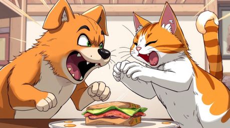 An isekai anime-style illustration depicts a dynamic and expressive fight between a dog and a cat over a massive sandwich. Th