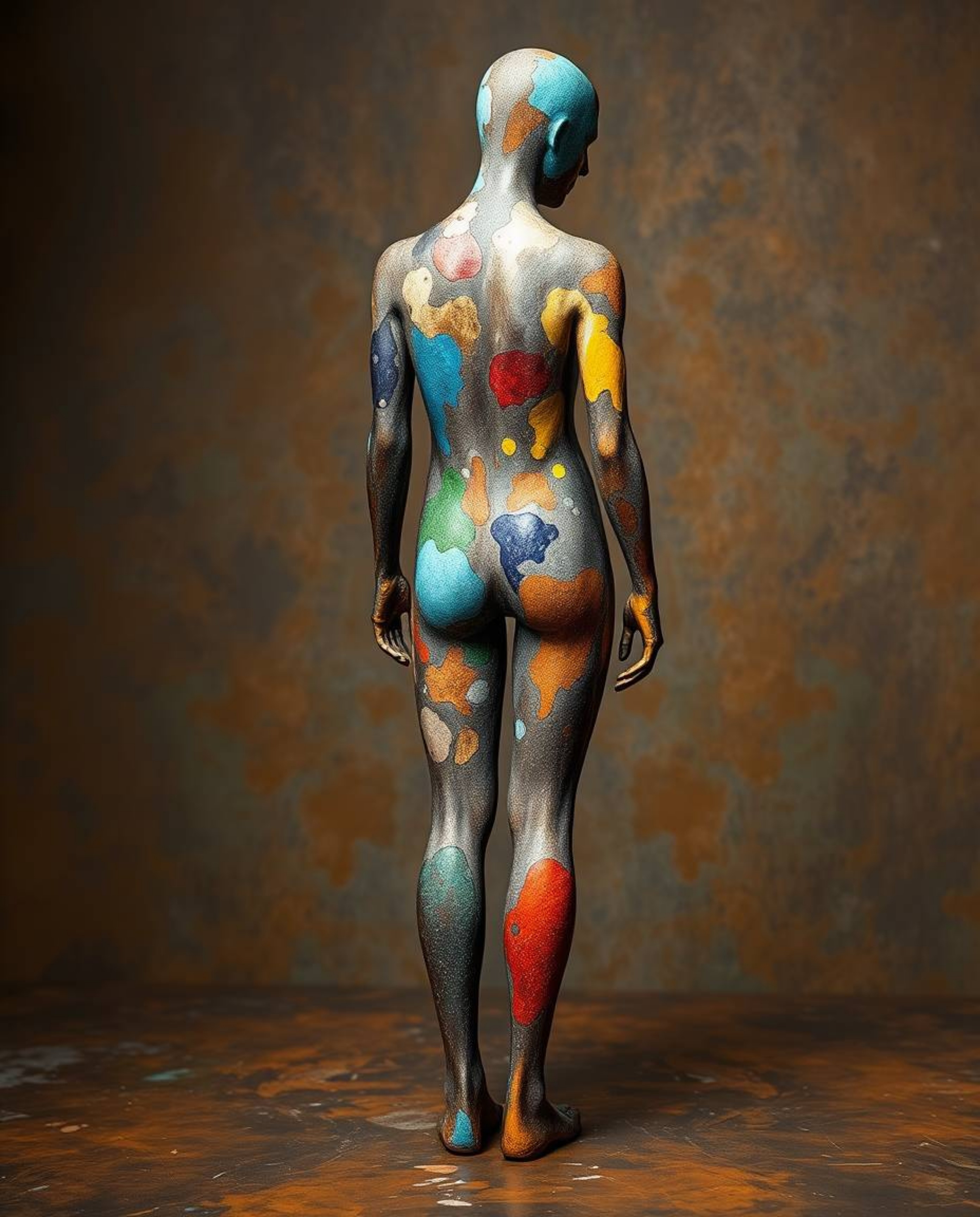 This cast bronze sculpture presents a captivating human silhouette brought to life through vibrant splash patterns in a moder