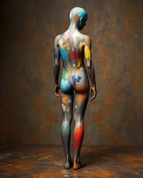 This cast bronze sculpture presents a captivating human silhouette brought to life through vibrant splash patterns in a moder