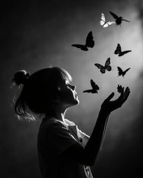 A captivating black and white photograph depicting a girl releasing butterflies into the air. The image utilizes intense dram