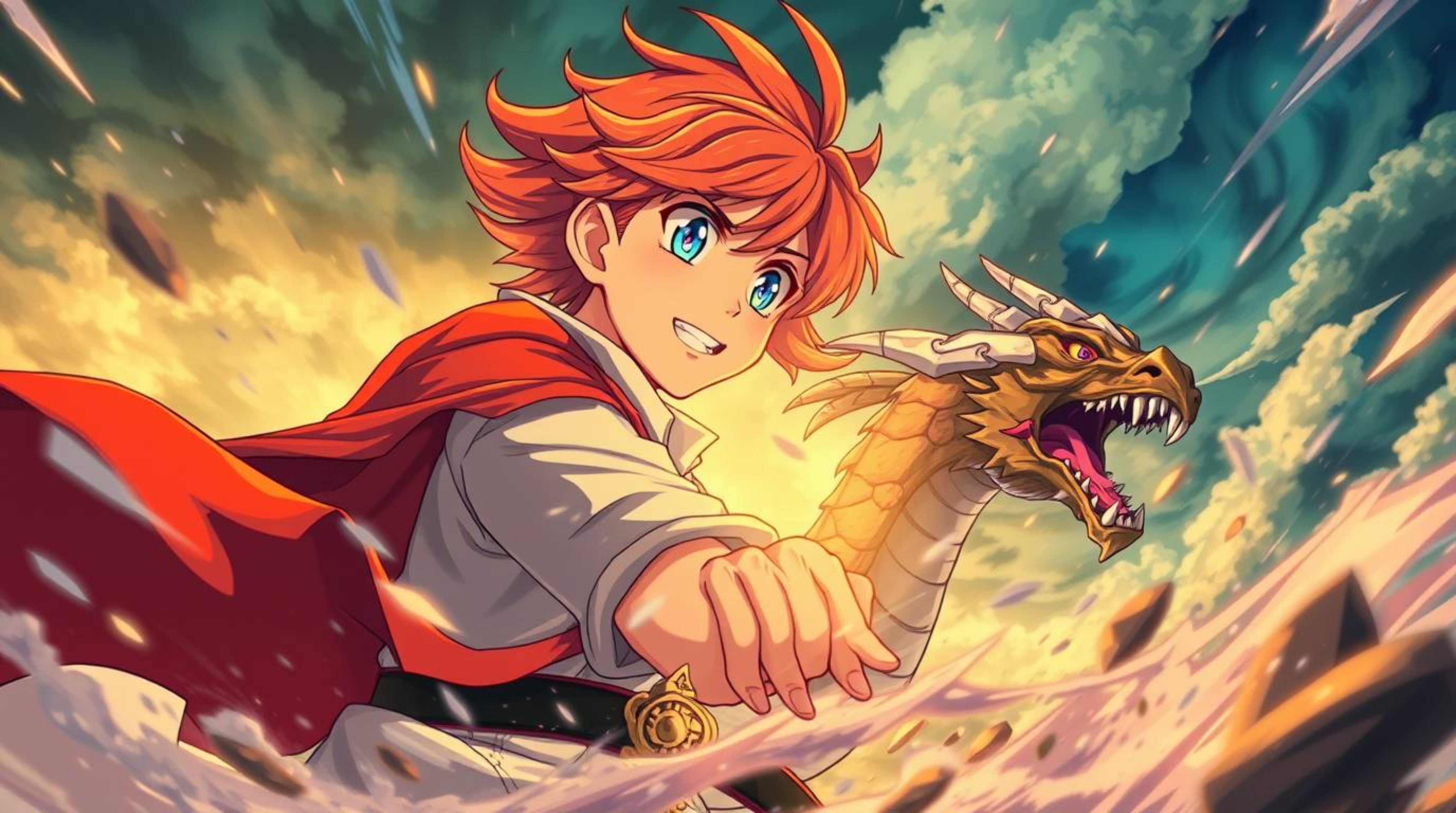 Immerse yourself in a vibrant Isekai anime-style illustration featuring a charming prince with bright eyes and flowing hair l