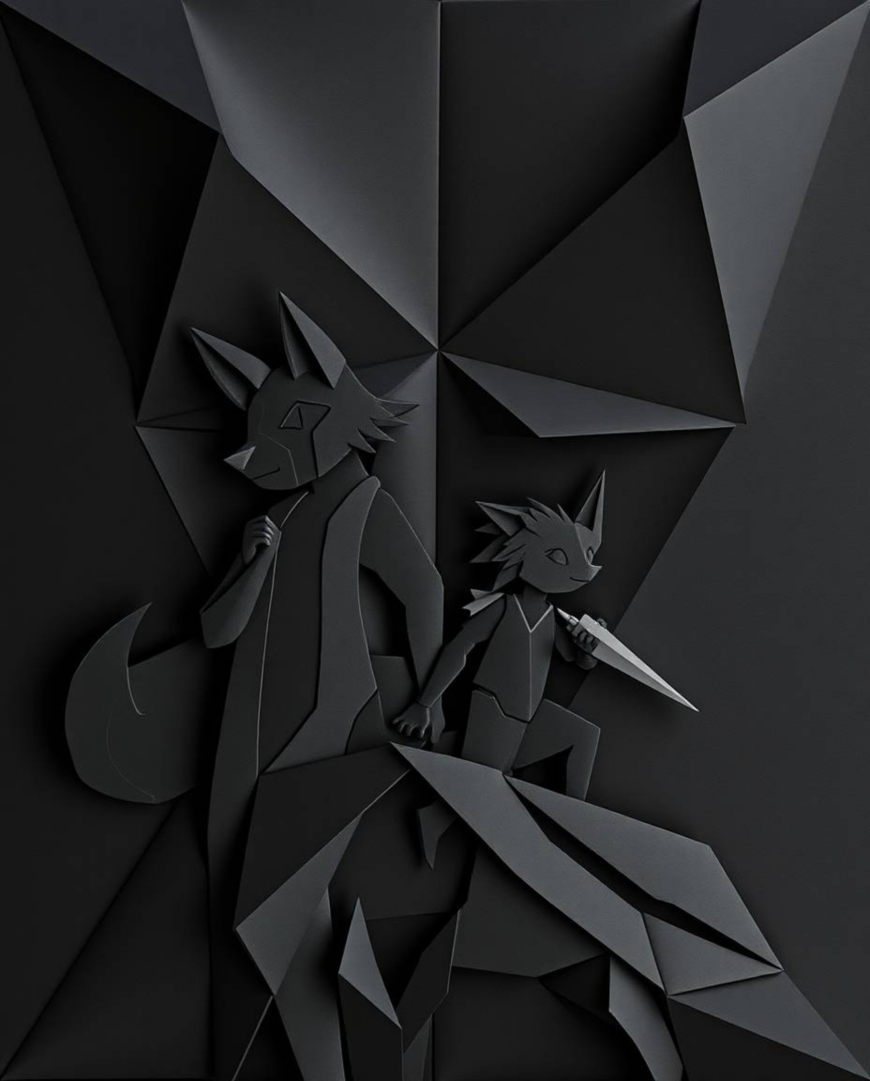 Explore an intricate origami-style artwork showcasing a talking animal sidekick assisting a hero on their journey. Rendered i