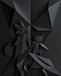 Explore an intricate origami-style artwork showcasing a talking animal sidekick assisting a hero on their journey. Rendered i