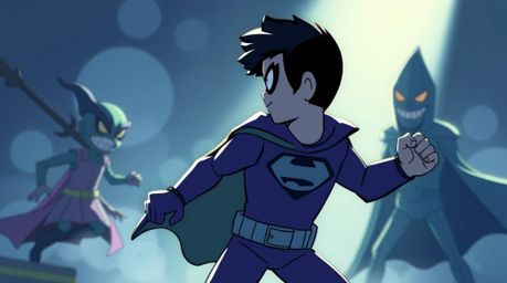 A vibrant scene unfolds, featuring a superhero with a cape locked in combat with a rather silly villain. The setting is bathe