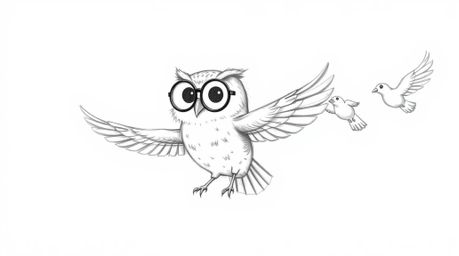 Experience the heartwarming Pixar-style vision of a wise, blind owl with large spectacles, leading a synchronized flock of bi