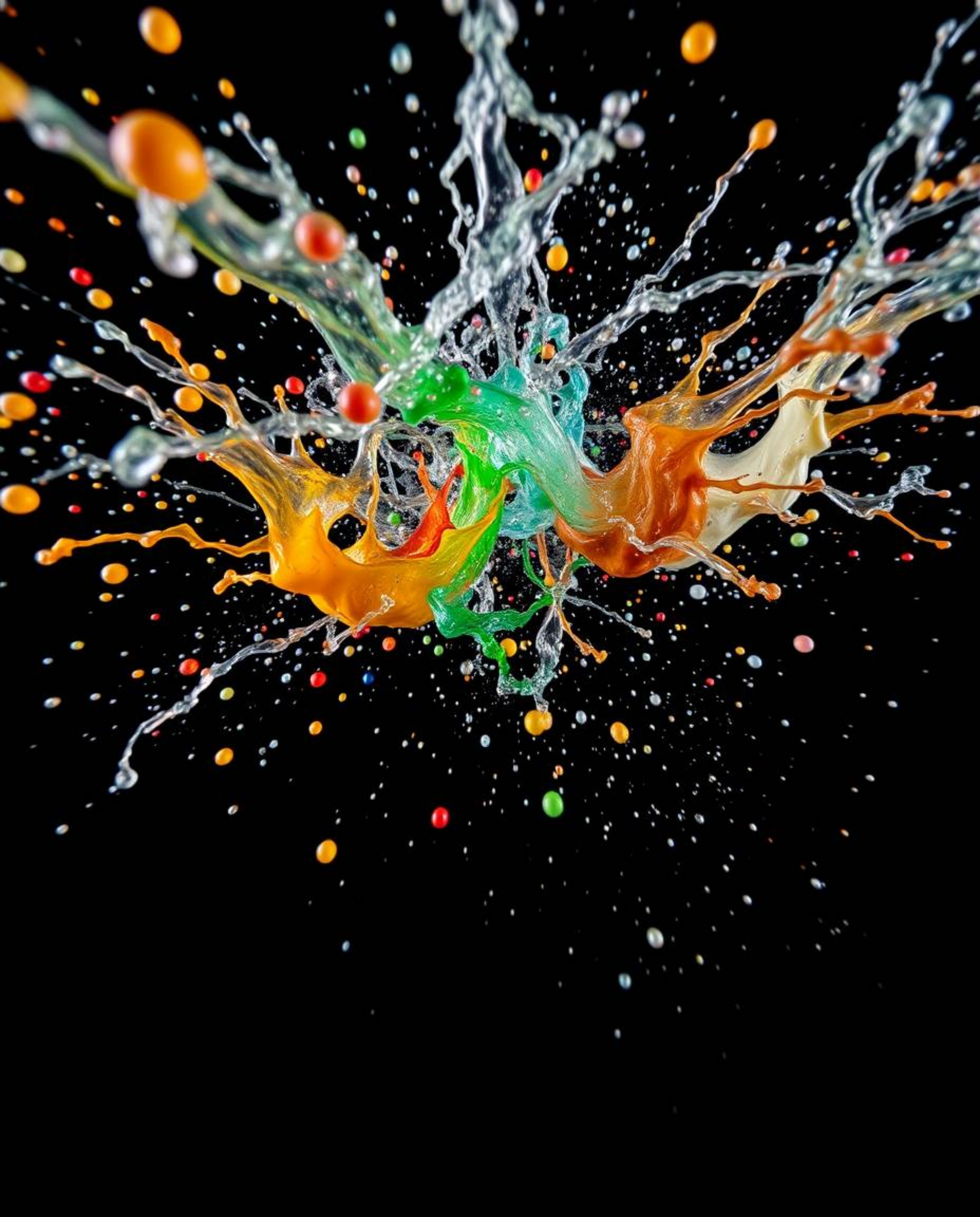This stunning photograph captures a high-angle perspective of dynamic, colorful splashes frozen in motion against a striking 