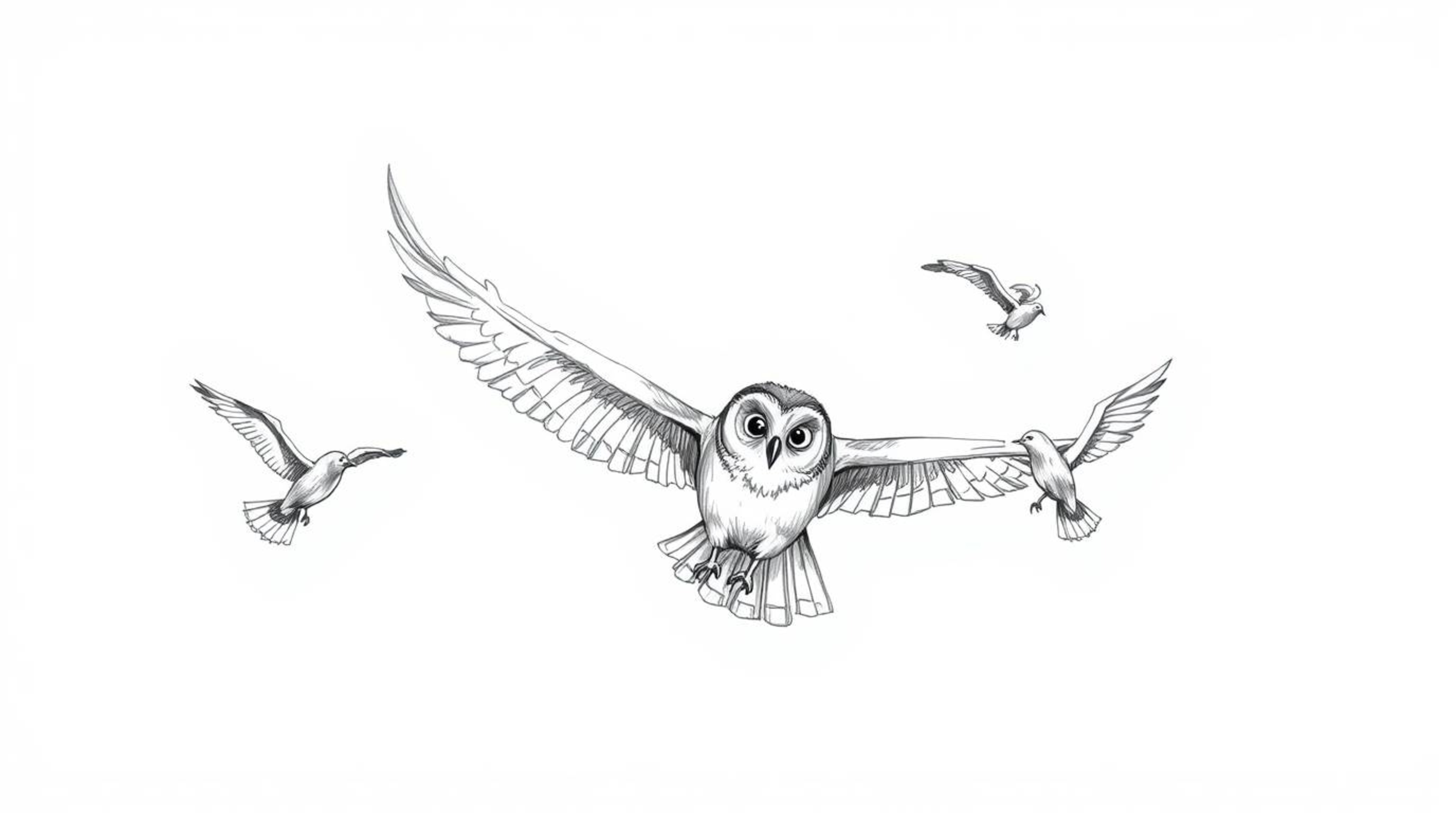 A whimsical and inspiring image featuring a blind owl, defying expectations by teaching birds how to fly. Rendered in a charm