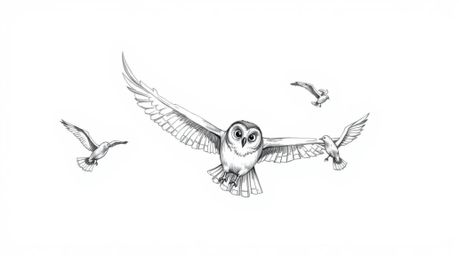 A whimsical and inspiring image featuring a blind owl, defying expectations by teaching birds how to fly. Rendered in a charm