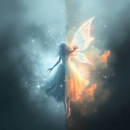 A captivating digital painting showcases a fairy godmother emerging from a swirling vortex of sparkles and thick fog. The ar