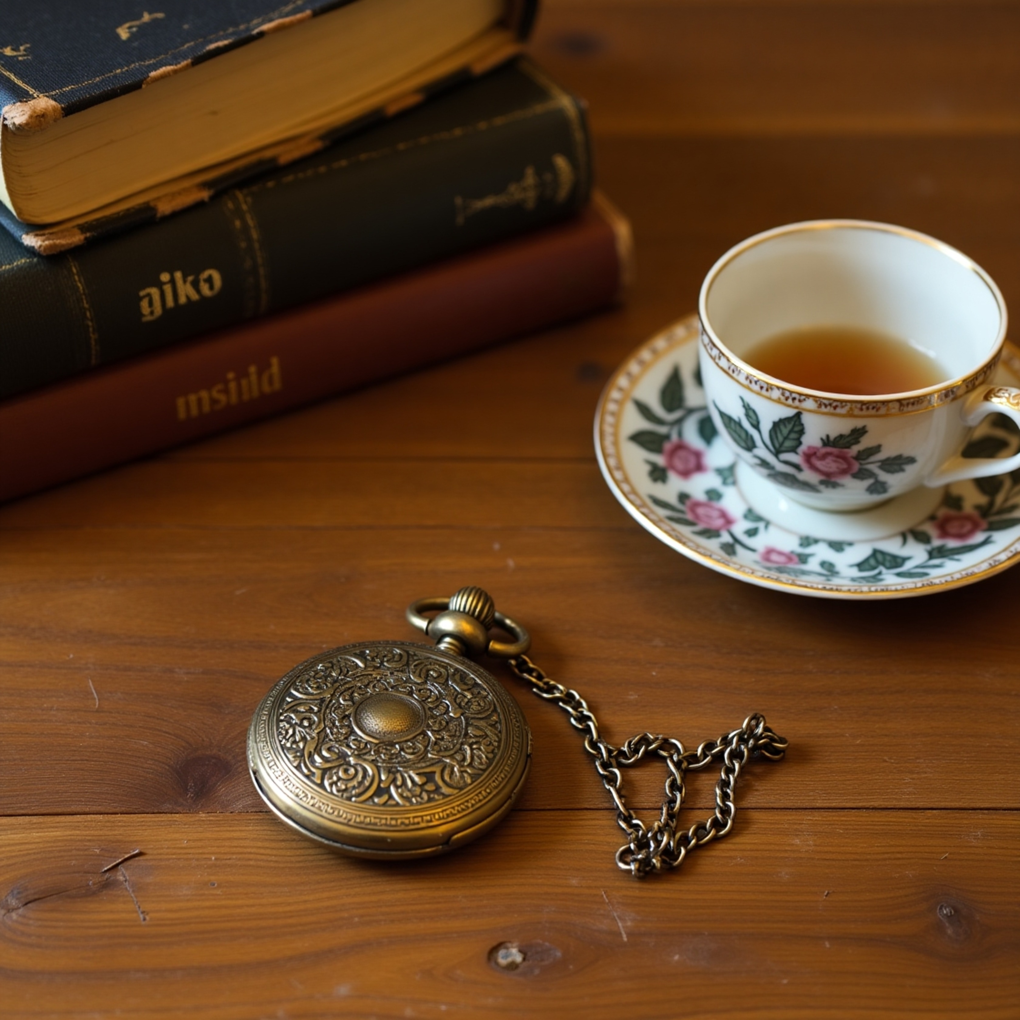 A carefully composed still life scene showcases the beauty of aged objects. A worn, honey-brown wooden table provides the fou