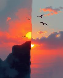 This is a digital painting showcasing a split sunset over a coastal cliff and soaring birds. The scene is divided into distin