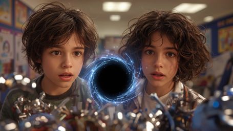 A vibrant, cinematic photograph in the style of Pixar captures the mesmerizing moment when a science fair duo, a boy with mes