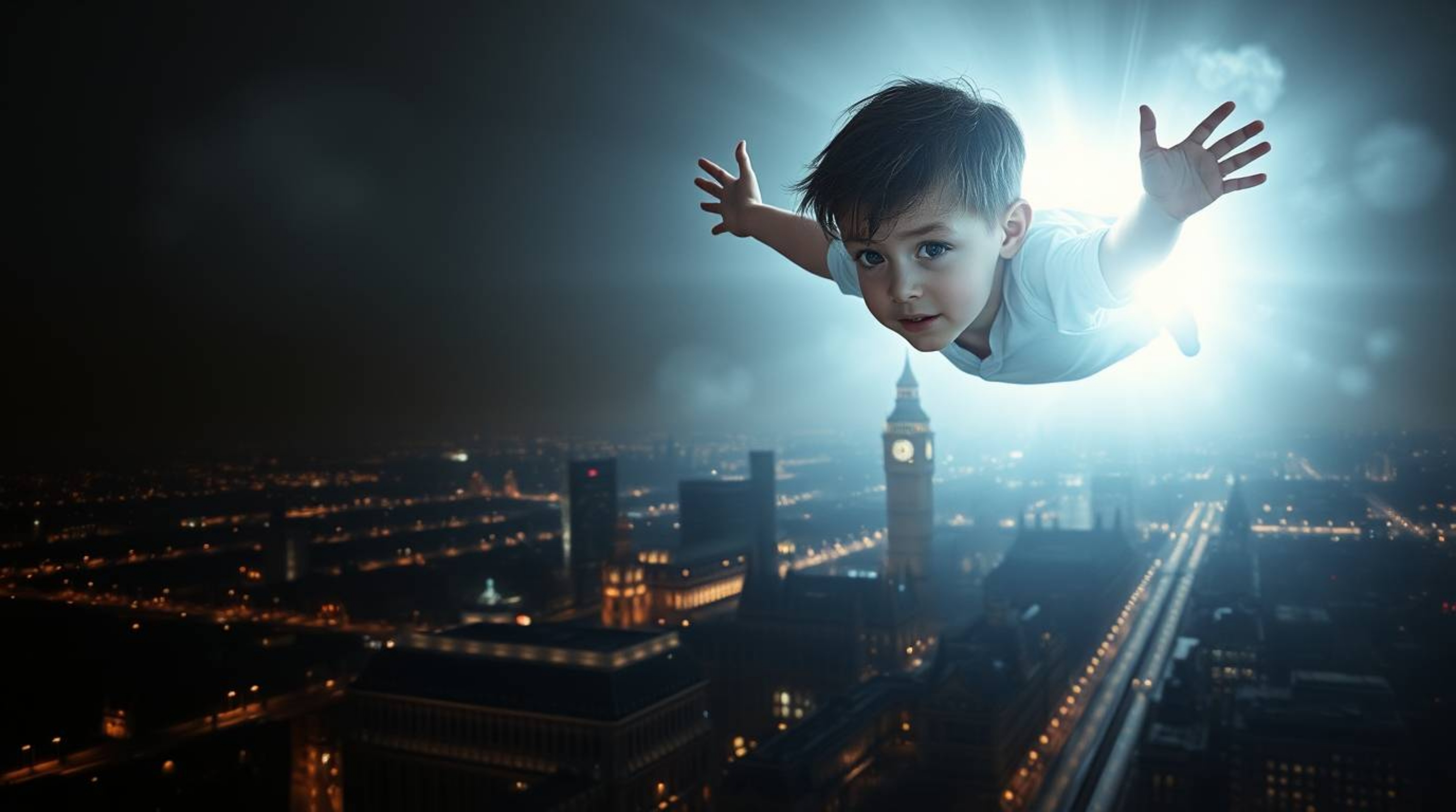A captivating image depicting a young boy with a luminous aura soaring above London, imbued with an ethereal spiritual vibe. 