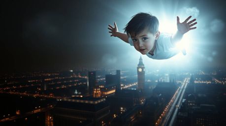 A captivating image depicting a young boy with a luminous aura soaring above London, imbued with an ethereal spiritual vibe.
