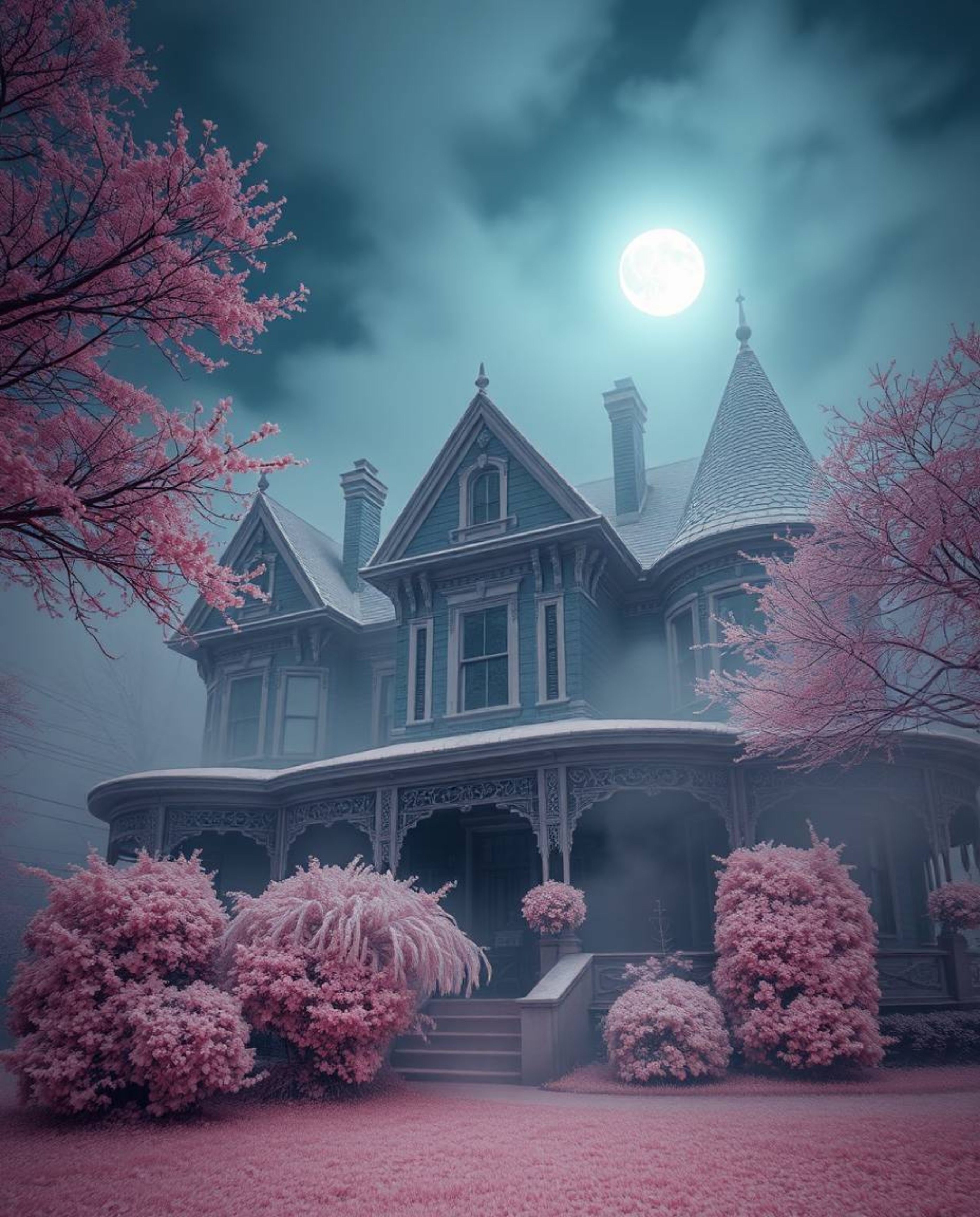 Experience a surreal, close-up view of a fog-laden Victorian mansion bathed in moonlight, enhanced by infrared tones for an o