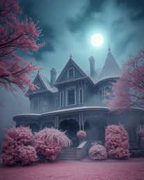 Experience a surreal, close-up view of a fog-laden Victorian mansion bathed in moonlight, enhanced by infrared tones for an o