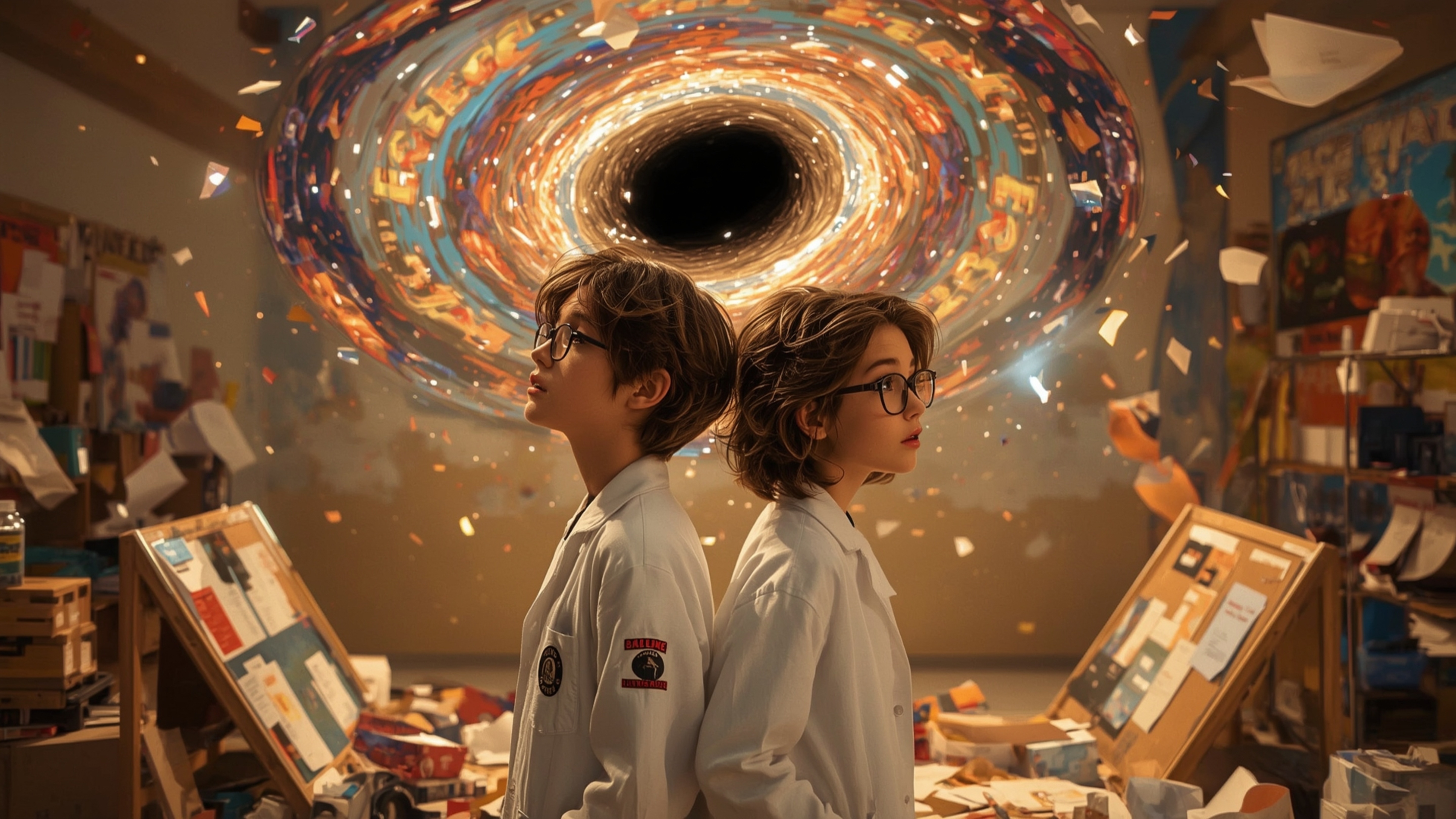 In a vibrant, cinematic photograph rendered in a hyper-realistic, Pixar-inspired style, a dynamic science fair duo unwittingl