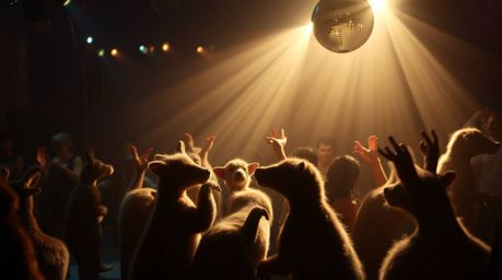 Witness a vibrant animal dance party under the glow of disco lights.  Gentle, soft lighting creates a mesmerizing atmosphere 