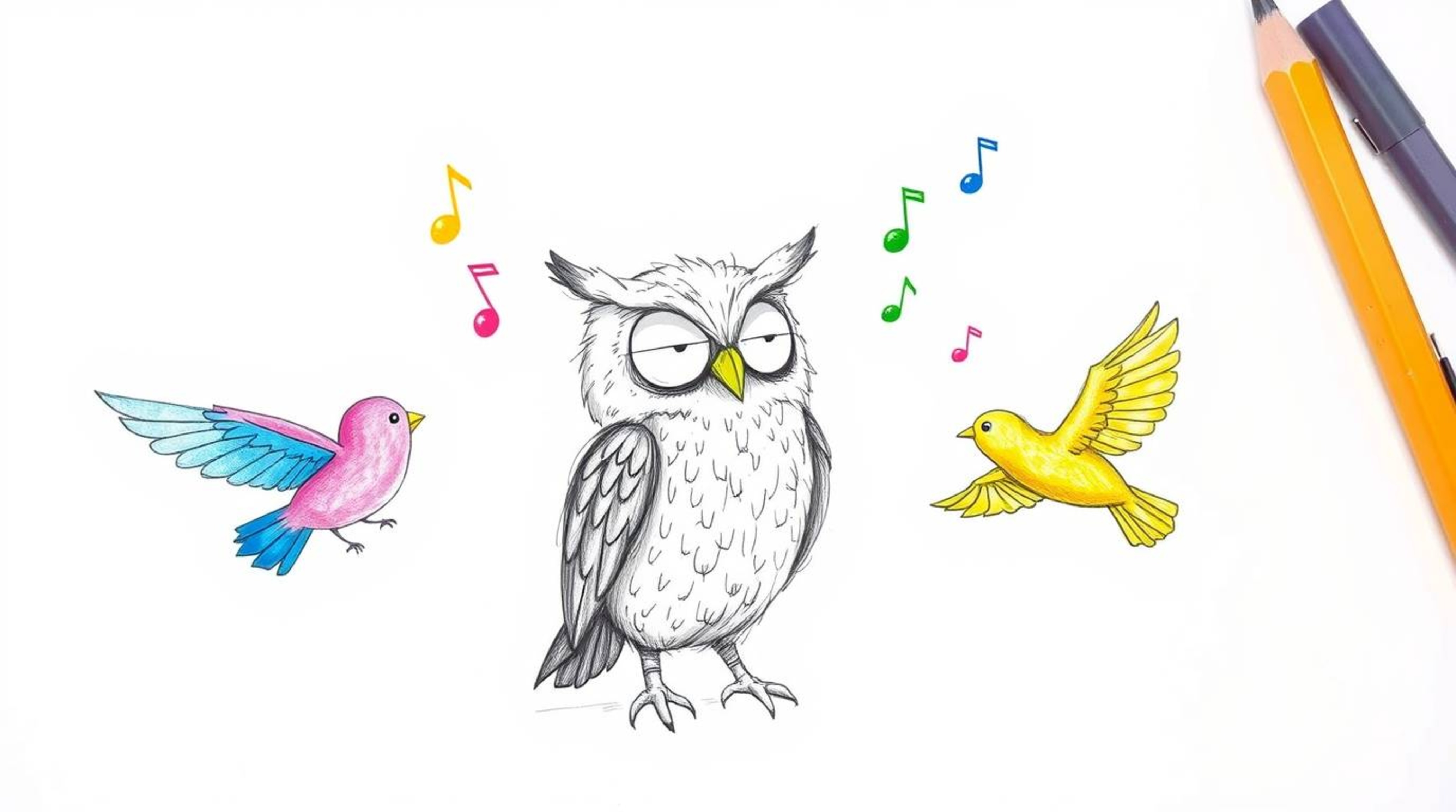 A heartwarming hand-drawn sketch in the style of Pixar animation depicts a wise, blind owl with beautifully textured feathers