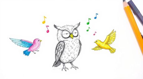 A heartwarming hand-drawn sketch in the style of Pixar animation depicts a wise, blind owl with beautifully textured feathers