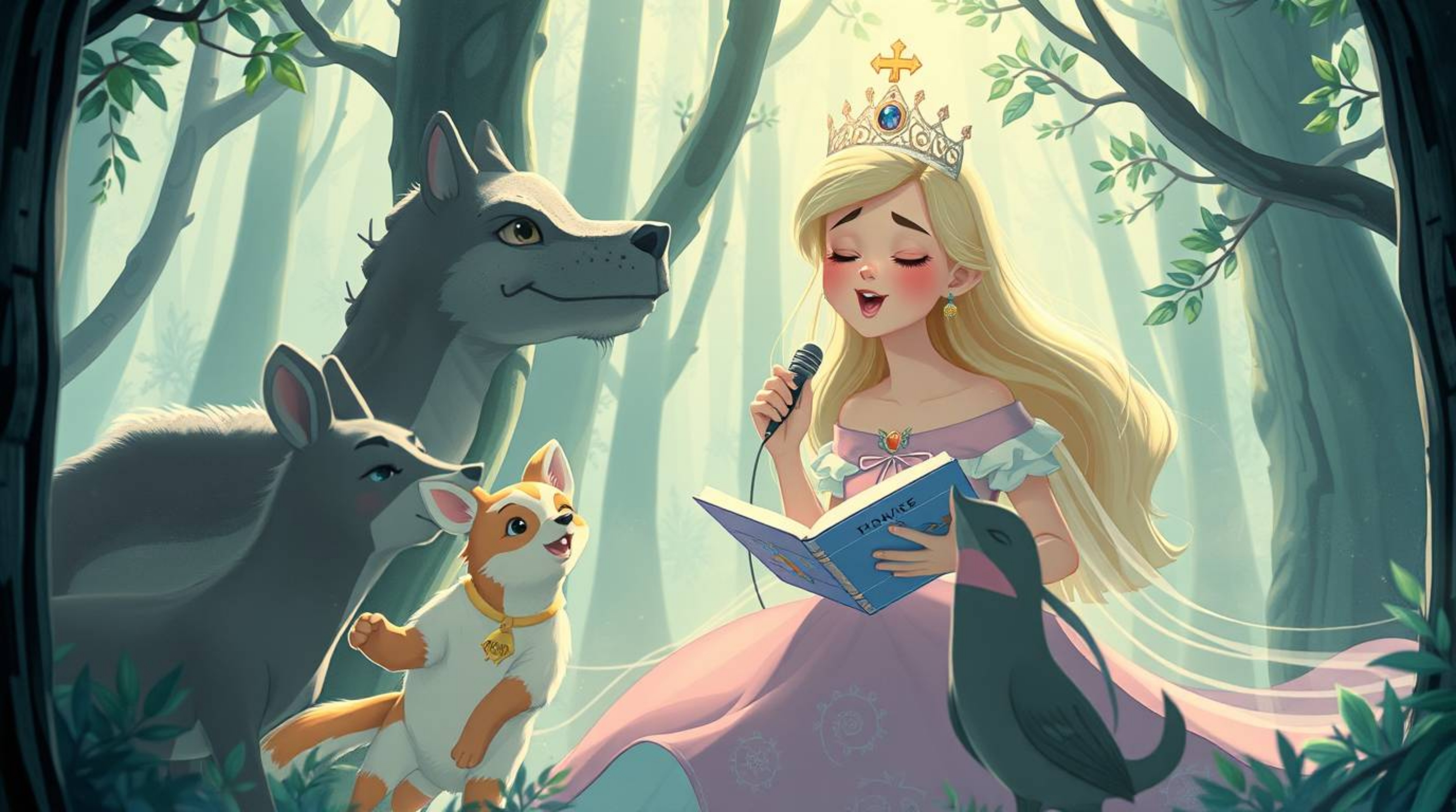 Immerse yourself in a futuristic sci-fi world where a princess, rendered in vintage 2D animation, serenades forest animals wi