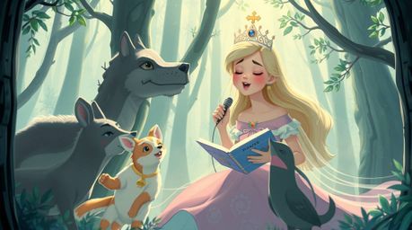 Immerse yourself in a futuristic sci-fi world where a princess, rendered in vintage 2D animation, serenades forest animals wi
