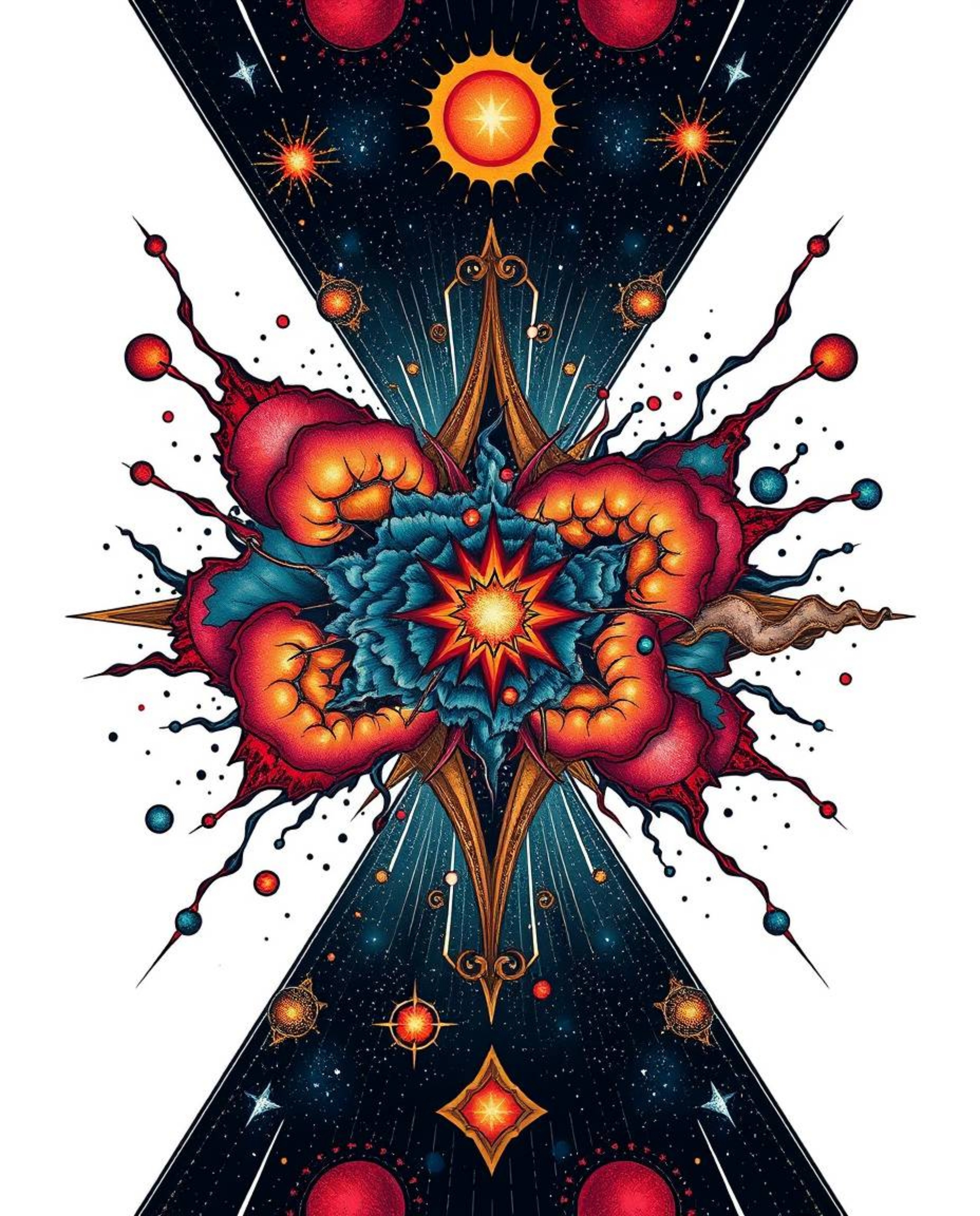 A captivating tattoo art print depicting colliding galaxies in a vibrant cosmic explosion.  The design features a retro flair