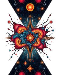 A captivating tattoo art print depicting colliding galaxies in a vibrant cosmic explosion.  The design features a retro flair