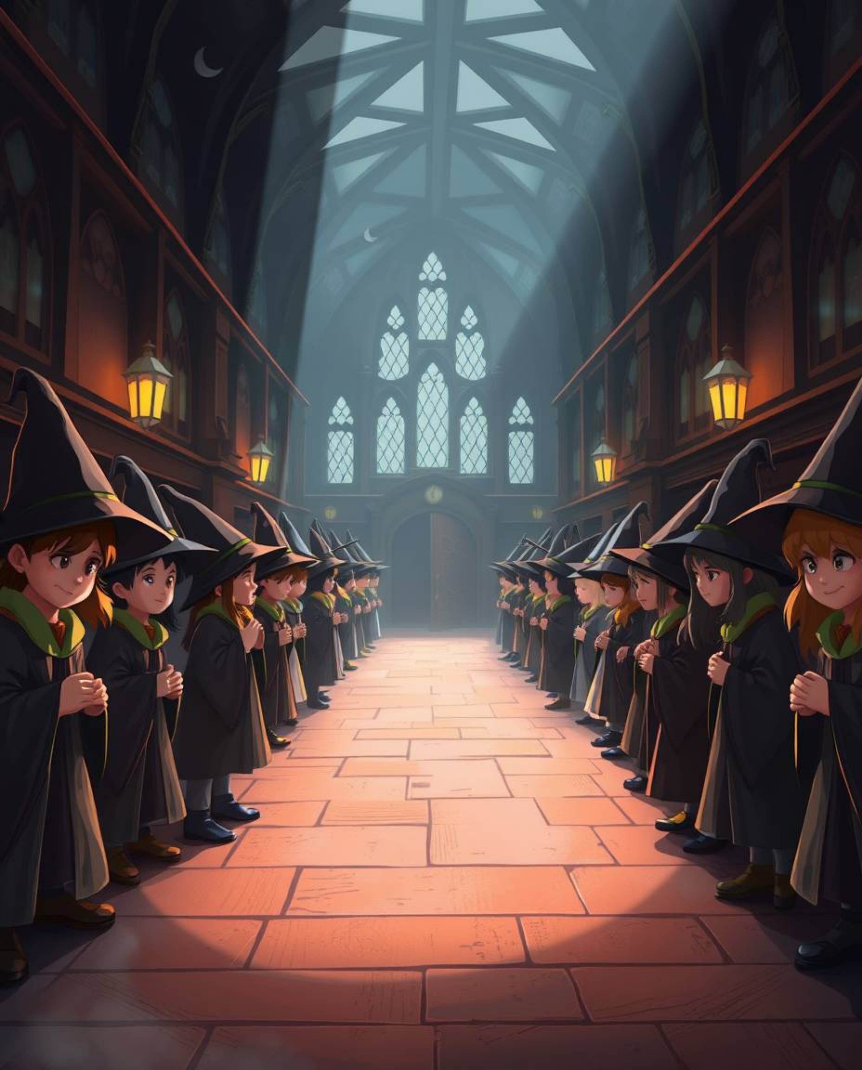 Immerse yourself in a magical school brimming with young wizards, beautifully rendered with contrasting chiaroscuro lighting 