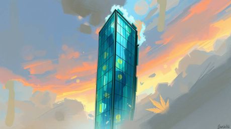 A dynamic digital sketch depicts a modern glass building seemingly dissolving into the sky, employing loose painterly strokes