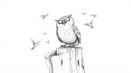 A hand-drawn pencil sketch in the style of Pixar depicts a blind owl perched joyfully on a tree stump.  Small birds flutter f