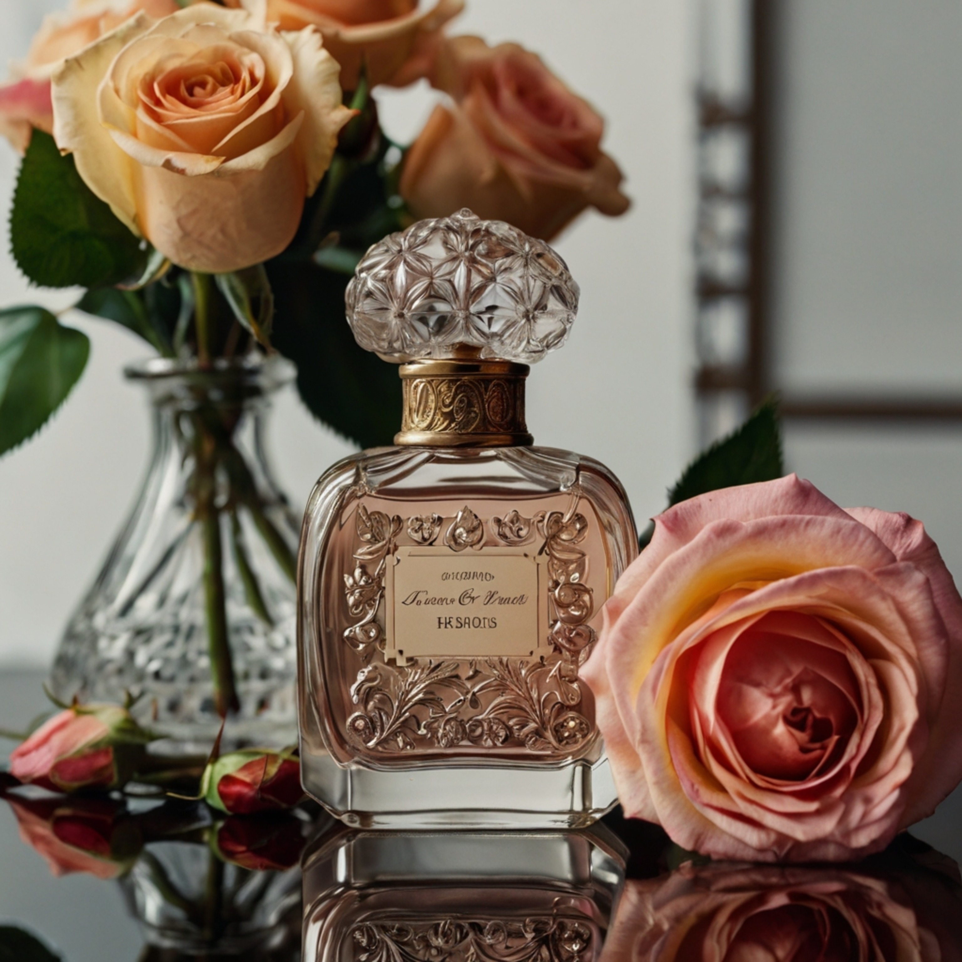 A beautifully arranged composition featuring a vintage perfume bottle with intricate designs, elegantly placed on a reflectiv
