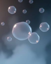 A moody 3D render featuring translucent, fluid organic blobs gracefully floating in space. The scene is rendered with a soft 