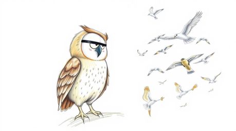 A charming, hand-drawn sketch in the style of Pixar depicts a blind owl with soft, expressive features and light brown feathe