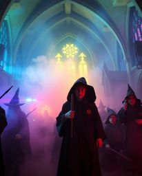 Experience the magic! This captivating image showcases a vibrant magical school brimming with young wizards.  Volumetric ligh
