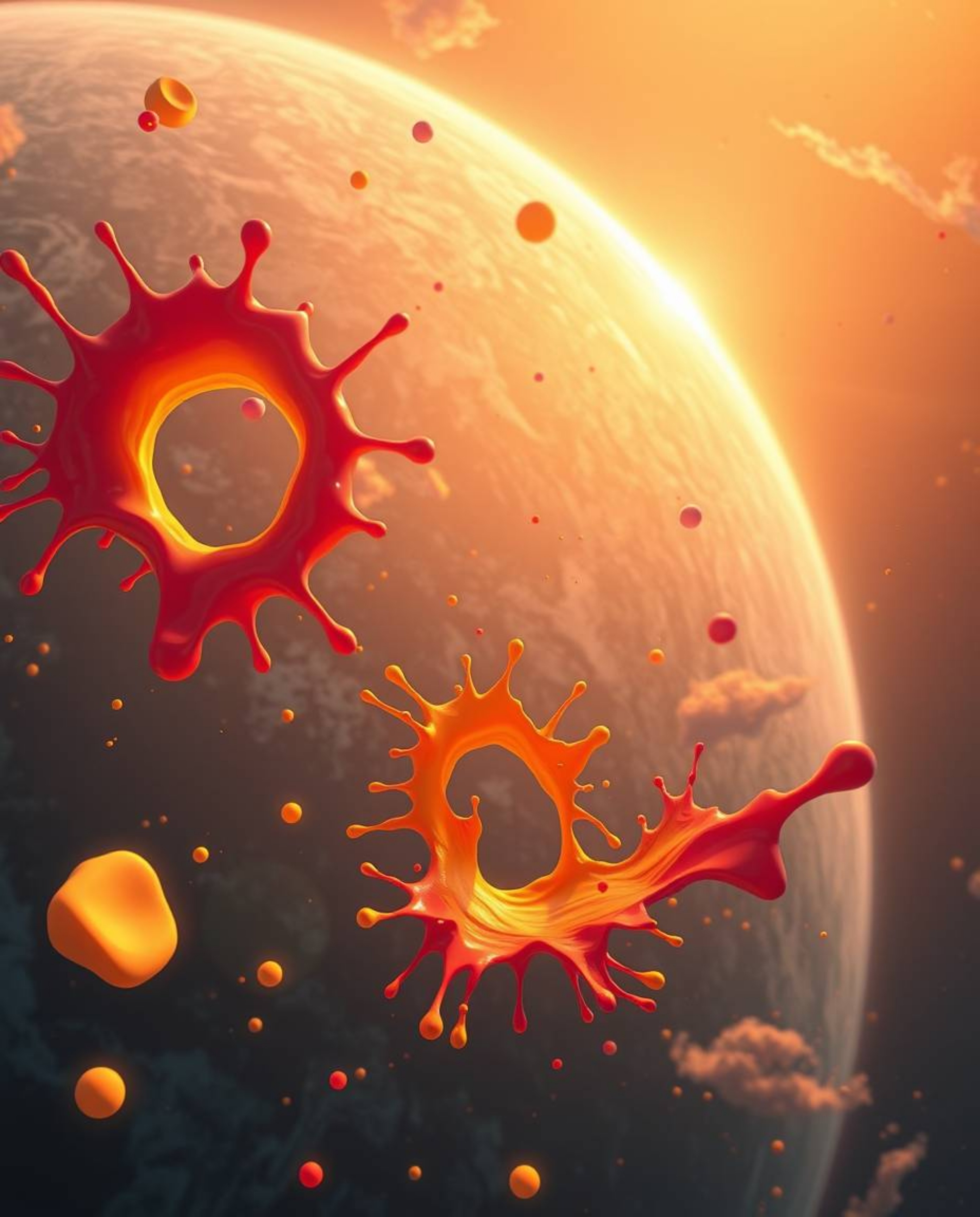 Experience the mesmerizing beauty of abstract 3D colorful splash shapes floating in space, captured from an overhead bird's-e
