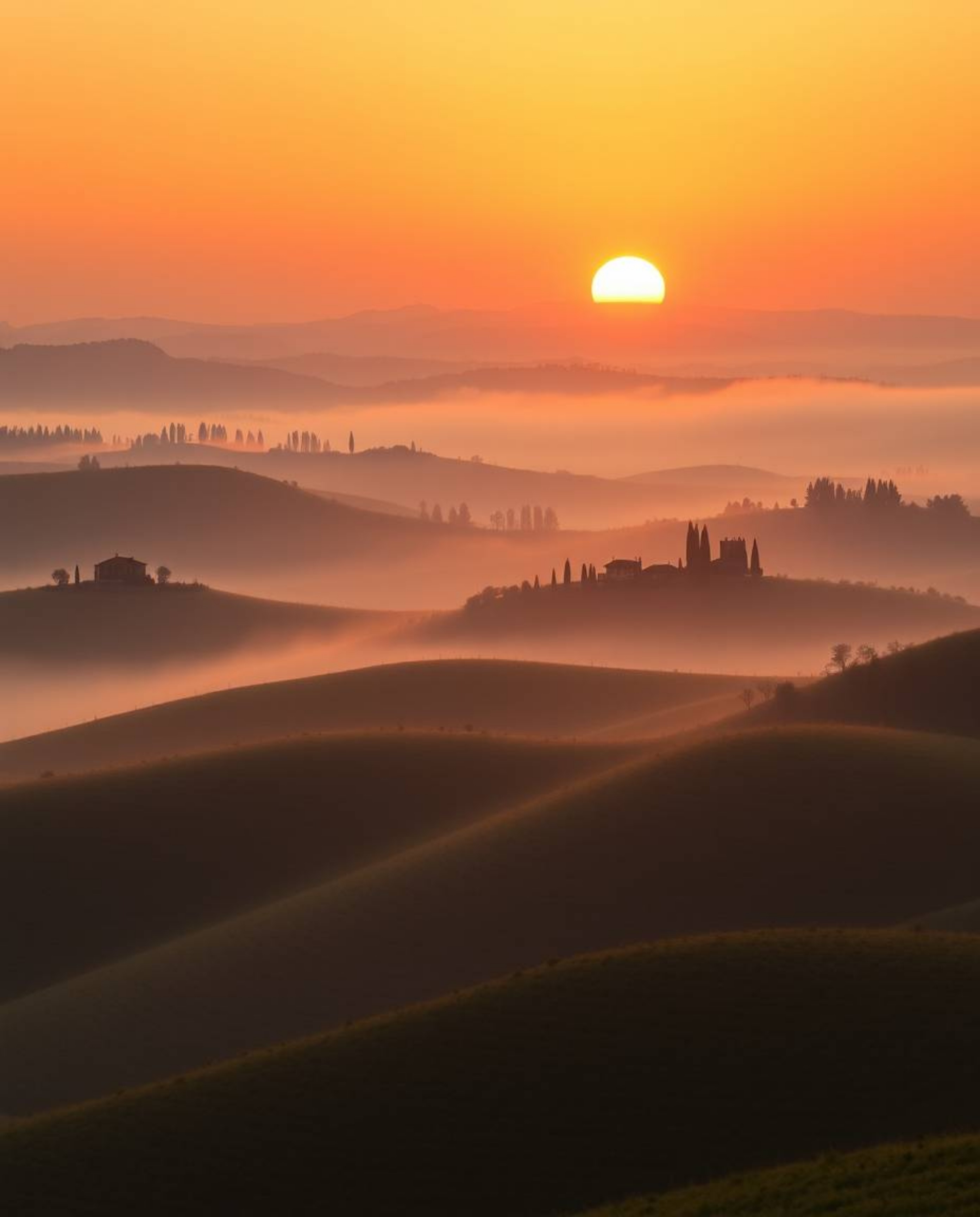 Fine art photograph: Tuscan sunset over misty rolling hills, warm golden glow, soft contrast, soft saturation, radiant and lu