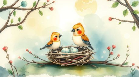 A delicate watercolor painting depicts two cartoon birds diligently building a nest within a mystic and enchanting environmen