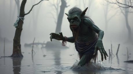 A captivating street photography image depicts an ogre spontaneously dancing in a foggy swamp.  Shot in soft pastel colors wi