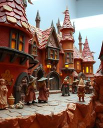 Discover a whimsical magical school brimming with young wizards, crafted from warm-toned papier-mâché. The artwork features