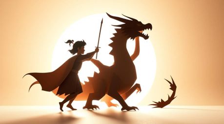 A charming prince battles a fearsome dragon in this captivating artwork, rendered in intricate origami style. The scene, sil
