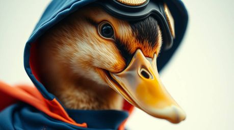 An extreme macro close-up capturing a duck in a whimsical superhero costume, this fine art photograph showcases intricate det