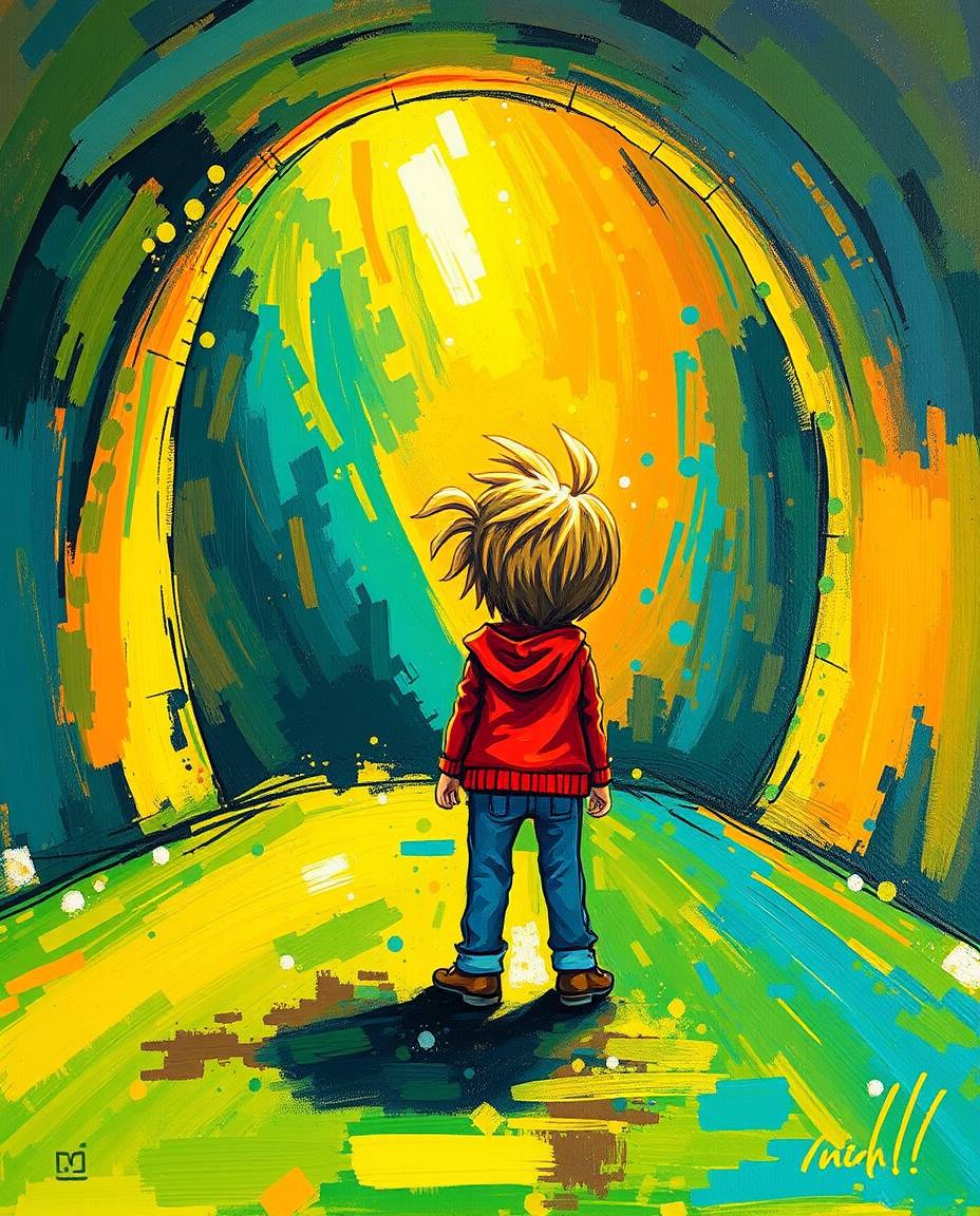 An adorable person, rendered in a bold acrylic painting style with textured brushstrokes, stands at the edge of a tunnel, cap