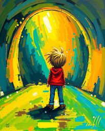 An adorable person, rendered in a bold acrylic painting style with textured brushstrokes, stands at the edge of a tunnel, cap