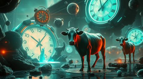 Explore a futuristic sci-fi dreamscape featuring melting clocks and floating cows, brought to life with advanced technology, 
